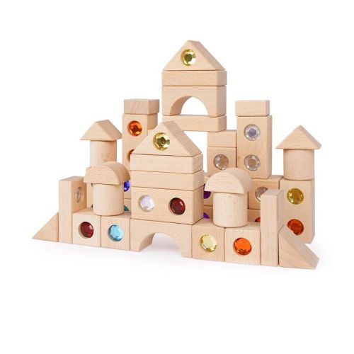 50 Pieces Wooden Building Blocks Set, Transparent Rainbow Gem Stacking Game for Kids 3+