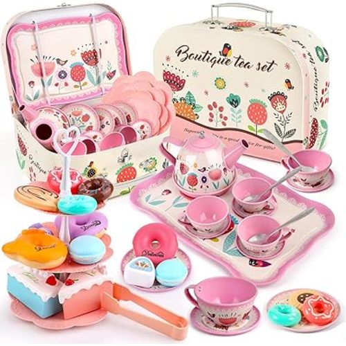 Tea Party Set for Little Girls, Flower Tea Sets Toys for Toddlers Girls Age 3 4 5 6 Year Old, Toddler Kids Kitchen Pretend Play Toys