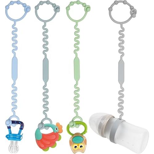 Toy Straps - Pacifier Holder Clip with Self-Adjusting Bayonet, Pure Silicone Material Without BPA; Can Be Used for Teethers, Feeding Bottles, Toys, High Chairs (4pcs)