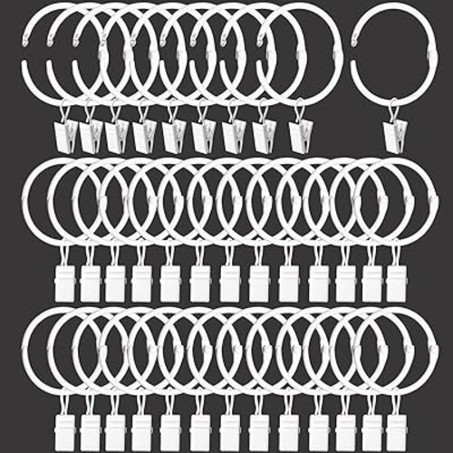 Openable Curtain Rings with Clips, Open Drapery Rings with Hooks, Curtain Clips 1.26 inch Interior Diameter, Fit up to 1" Curtain Rod (White, 1.26" I D Set of 36)