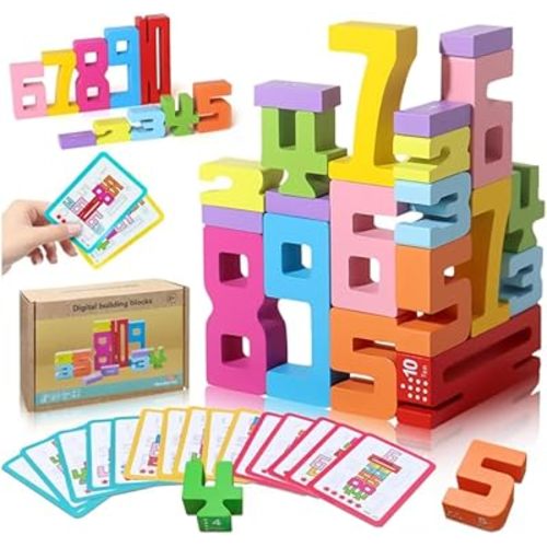 Wooden Number Building Blocks - 20Pcs Number Blocks Toys for Kids, Digital Building Blocks for Toddlers 3+ Years, Balance Competition Toy, Educational Gift for Boys Girls