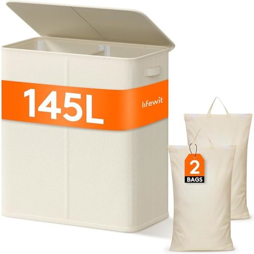 Lifewit Double Laundry Hamper with Lid and Removable Laundry Bags, Large Collapsible 2 Dividers Dirty Clothes Basket with Handles for Bedroom, Laundry Room, Closet, Bathroom, College, 145L White