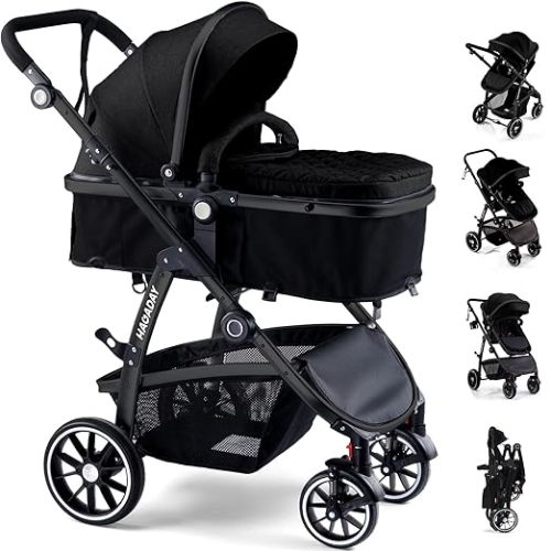Baby Stroller, 2-in-1 Reversible Toddler Seat with Bassinet Mode, Foldable Infant Stroller with Canopy, One Button Brake, Adjustable Handle, Newborn Pushchair(Black)