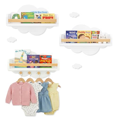 Cloud Floating Shelves Nursery Set of 3 with Decorative Mini Clouds – Wall Mounted Kids Bookshelf with Hooks, Solid Pine Rail, 15 lb Per Shelf Capacity, Nursery & Toddler Wall Decor