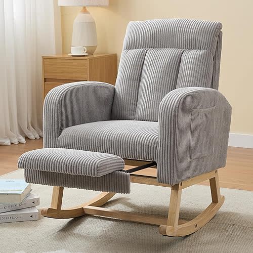 NIOIIKIT Nursery Rocking Chair, Corduroy Upholstered Rocking Chair with Adjustable Footrest, Tufted Rocker Chair with Side Pocket, Glider Rocker for Living Room, Bedroom (Grey Comfy)