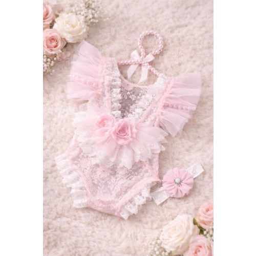 Blush Pink Lace Baby Girl Romper with Tulle Ruffles & Headband