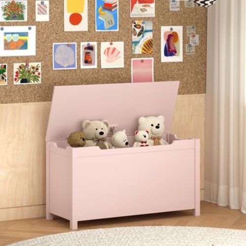 Kids Wooden Toy Box Storage with Safety Hinged Lid, MDF Toy Chest Organizer for Bedroom, Playroom and Nursery, Pink