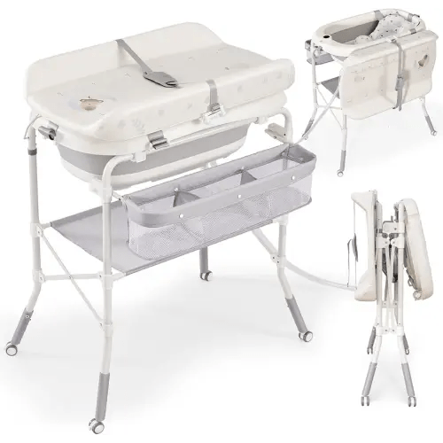 Baby Bathtub with Foldable Changing Table, Standing Infant Bath Tub for Newborn Toddler Shower, Portable Diaper Changing Station with Stand