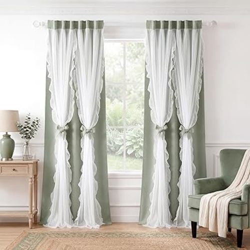 PONY DANCE Sage Green Curtains with Ruffle Sheer 84 Inches Long for Girls Bedroom, Shabby Chic Style Double-Layer Drapes for Nursery/Living Room/Apartment/Dorm/Kids Rooms, 2 Panels, 52" W x 84" L