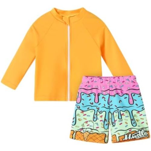 Toddler Baby Boys Long Sleeve Rashguard Swimsuit 2 Piece Set Swim Shirt Trunks Bathing Suit