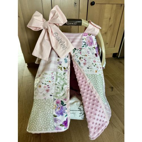 Baby Car Seat Canopy Cover in Patchwork Floral - Pink Purple - All Cotton or Minky - Jumbo Bow Incl - Baby Girl - Shower Gift