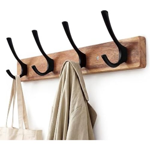 Coat Rack Wall Mount,Acacia Wood Coat Hooks Wall Mount,15" Wall Coat Rack with Heavy Duty 4-Double-Hooks,Hat Rack Wall Coat Hanger for Towel/Dog’s Leashes/Coat/Bag