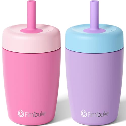 Fimibuke Kids & Toddler Cups Spill Proof, 12 OZ Insulated Sippy Cups for Toddlers Boys Girls, BPA-Free Toddler Straw Tumbler, Stainless Steel Kids Water Bottle with Twist Lids & Silicone Straw, 2 Pack