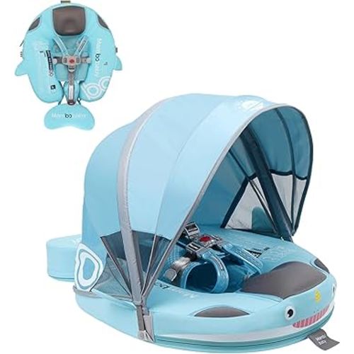 Mambobaby Floats with Canopy &Tail, Non-Inflatable Baby Float for Pool Add Tail Avoid Flip Swim Trainer Baby Floats for Toddler Boys Girls(Narwhal-Green)