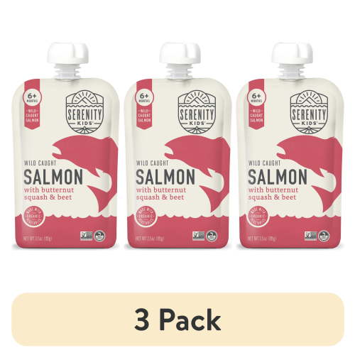 (3 pack) Serenity Kids Wild Caught Salmon Stage 2 Baby Food with Organic Butternut Squash & Beet, 3.5oz Pouch