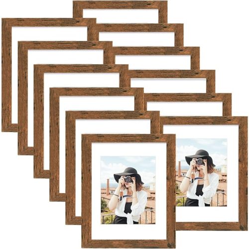 9x12 Picture Frame Set of 12, Display 6x8 with Mat or 9x12 without Mat, Photo Frames for Wall Mounting or Table Top Display, Brown