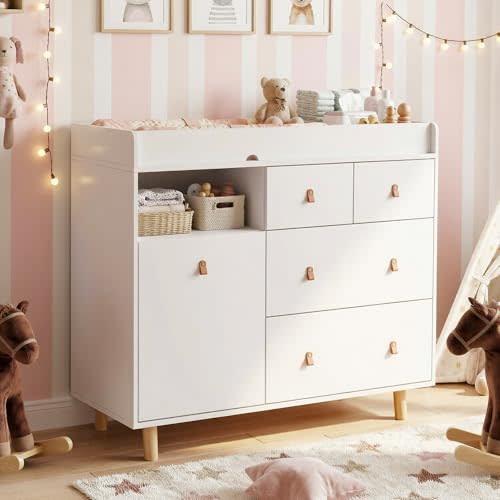 Baby Changing Table Nursery Dresser with Drawers, 45 Inch Hidden Trash Storage,Changing Station,Storage Dresser Chest for Infant, White