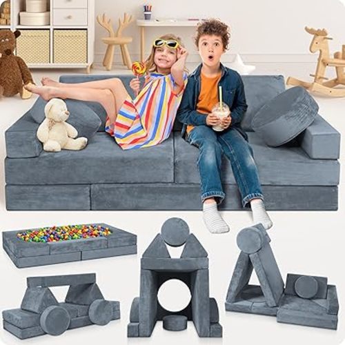 Lunix LX15 14pcs Modular Kids Play Couch, Child Sectional Sofa, Fortplay Bedroom and Playroom Furniture for Toddlers, Convertible Foam and Floor Cushion for Boys and Girls, Gray