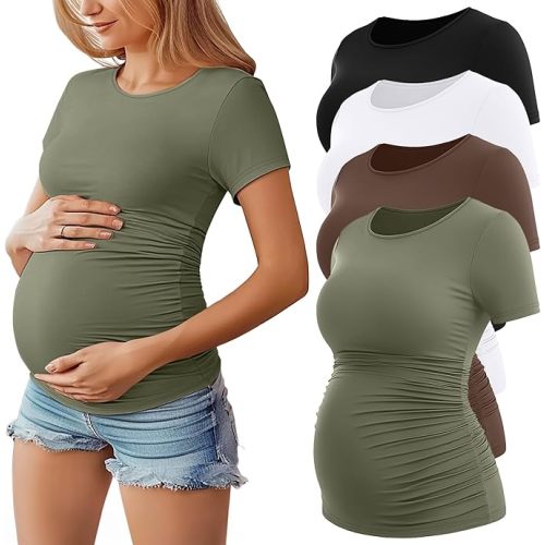 Huukeay 4 Pack Women's Maternity Shirts, Crew Neck Maternity Top Short Sleeve Casual Cotton Tee Side Ruched Pregnancy Clothes