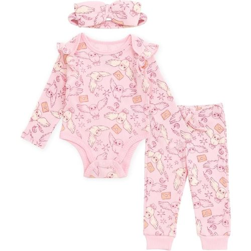 Harry Potter Baby Girls Ribbed Bodysuit, Jogger Pants & Headband 3 Piece Outfit Set Newborn to Infant Sizes (0-24 Months)