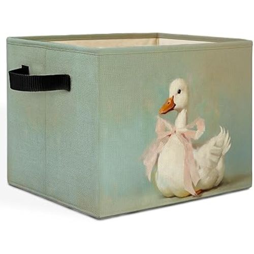Coquette Pink Bow White Duck Storage Bins Box with Handles, Duck Lover Gifts Laundry Basket Hamper Collapsible Clothes Toys Organizer for Kids Girls Bedroom Bathroom Nursery
