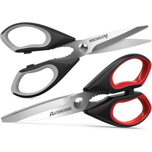 Astercook 2 Pcs Kitchen Scissors, Heavy Duty Shears with Serrated Blade, Ergonomic Handle Food Scissor for Poultry, Herbs, Vegetables Dishwasher Safe