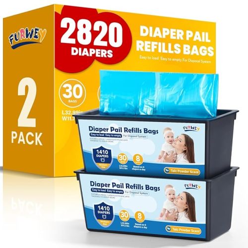 Diaper Pail Refill Bags 30 Bags Per Refill，Compatible with Genie Easy Roll Signature Diaper Pails Holds Up to 2820 Newborn Diapers Talc Powder Scent 7 Layer Odor Barrier,Scented,2PACK (60 Bags)