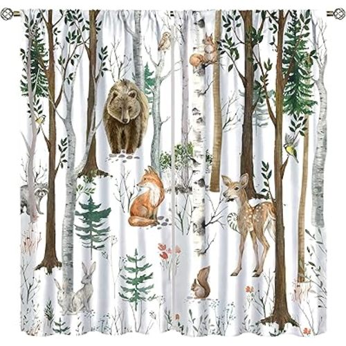 Forest Animal Blackout Curtains for Kids, Cartoon Watercolour Cute Forest Birch Tree Fox Fawn Bear Camping Animal Window Treatments for Nursery Baby Boys Girls Bedroom Living Room 63x72in