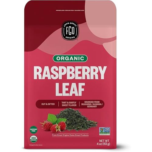 FGO Organic Red Raspberry Loose Leaf Herbal Tea, Cut and Sifted, Caffeine Free, Resealable Bag, 4oz (Pack of 1)