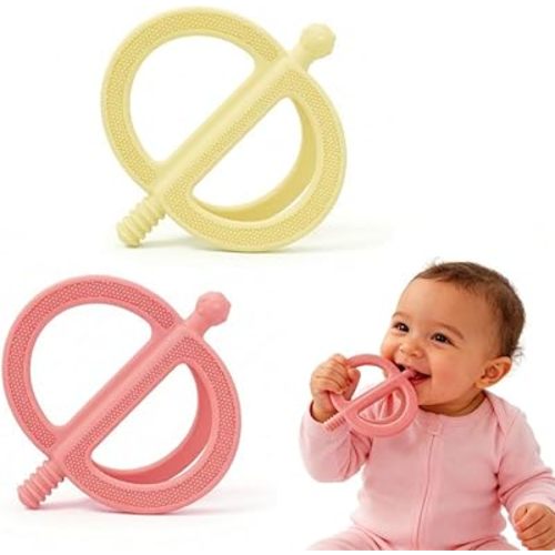 Baby Teething Toys Easy to Hold - 100% Food Grade Silicone Teething Ring for Babies 0-18 Months - BPA Free Teething Pain Relief for Infants 3-6-12 Months,Yellow&Pink