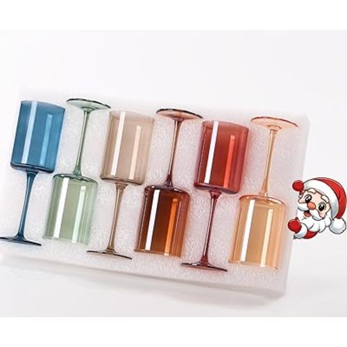 Colored Square Wine Glasses Set of 6, 14oz【Hand Blown】 Colorful Crystal Wine Glasses with Stem - Unique Muticolor Glasses Gifts for Birthday Women Party