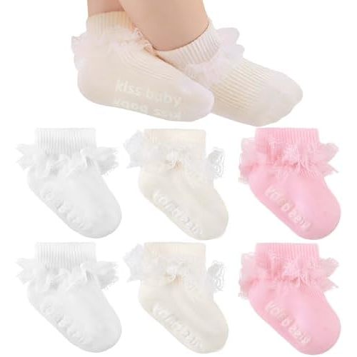 Baby Girl Ruffle Eyelet Double Lace Turn - Cuff Ankle Frilly Socks Soft Cotton Dress Socks for Newborn Infant Toddler