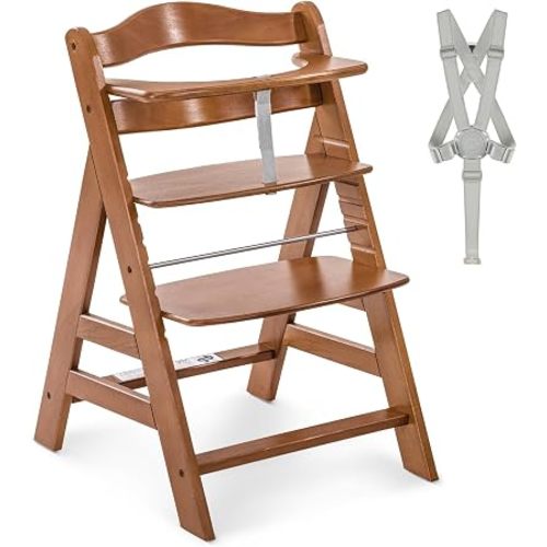 hauck Alpha+, Walnut - Wooden High Chair 6 Months to Adult Sustainable FSC® Certified Beechwood Toddler Feeding and Entertainment Chair, Inclusive 5-Point Harness Bumper Bar Crotch Strap