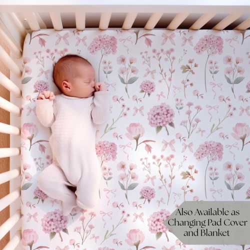 Pink Hydrangea baby Crib Sheets Hydrangea Nursery decor floral crib bedding set for cribs baby girl gift for new mom Bow crib sheet set girl