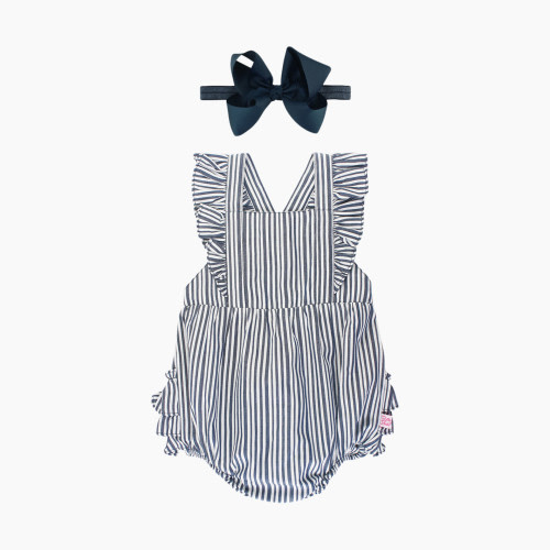 Rufflebutts Ruffle Romper & Bow Headband Set - Navy Stripe, 3-6M