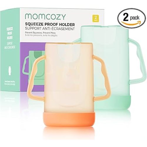 Momcozy Baby Pouch Holder No Squeeze for Food Pouches and Drink Boxes, Allows Baby to Self-feed and Avoid Messes, Baby Food Pouch Holder Handle is Easy to Grip, Comfortable, Green&Orange