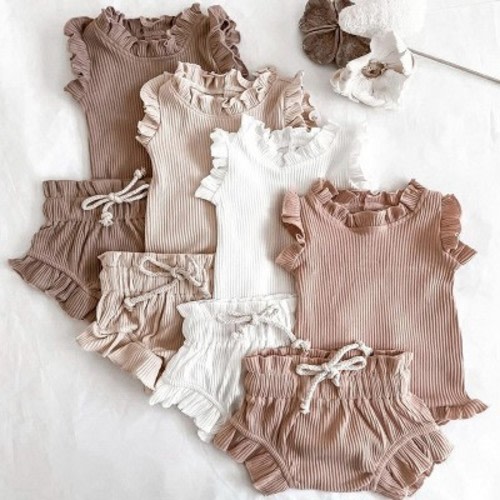 MyKids-USA Baby Girl Wood Ear Design Solid Color Sleeveless Round Collar Tops Combo Shorts Sets IN Summer Pink 66