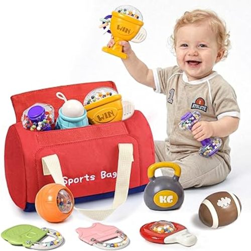 Jovow 11-Piece Sports Baby Rattles & Teether Toys with Soft Gym Bag, Infant Sensory Grasping Shakers, Early Development Set for Newborns 0-6 6-12 Months