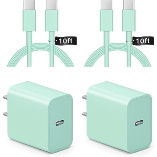 iPhone 17 16 15 Charger Fast Charging 10FT - 2 Pack 20W USB C Charger Block with Type C Cable Compatible with iPhone 17/17 Pro/17 Pro Max/Air/16/16e/15, iPad Pro, Air M3/M2/5/4, 11th/10th (Green)