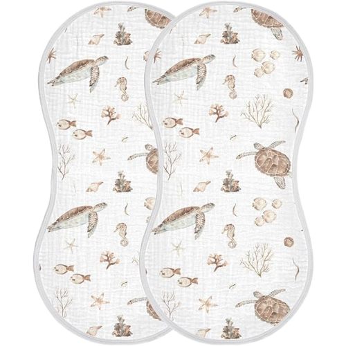 Burbuja Ocean Turtle Muslin Baby Burp Cloths, Soft & Absorbent Cotton Burping Rags for Newborn Boys & Girls, 2 Pack