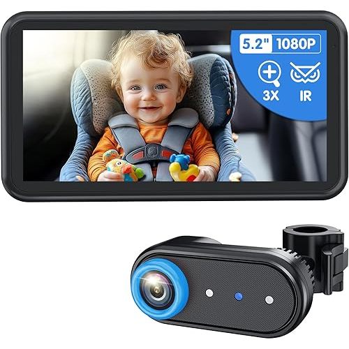 BM2A Baby Car Camera – 3X Zoom to See Baby Clearly, 5.2" 1080P Display & Auto IR Night Vision, Rear-Facing View Monitor, Easy Install for Parents & Pet Owners
