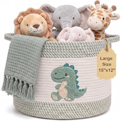 Baby Laundry Basket for Nursery, Large 15”x12” Dinosaurs Storage Baskets