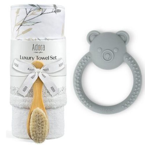 La’dore Baby Towel & Silicone Teether Gift Set – Soft Hooded Towel, Washcloth & Baby Brush With Silicone Bear Teether – Newborn Essentials, BPA-Free