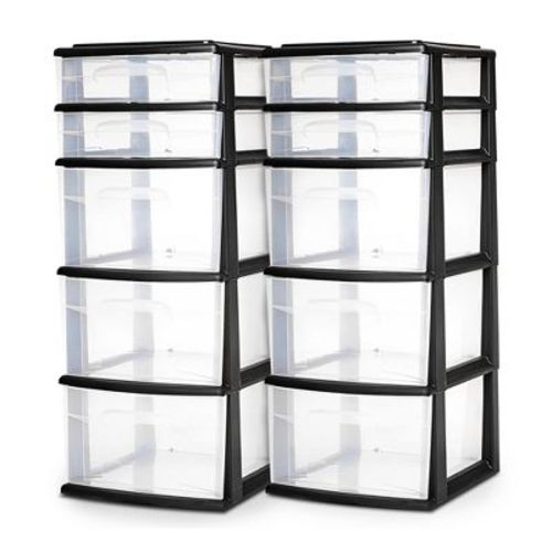 Homz 2 Pack 5 Drawer Medium Storage Tower, Clear Plastic Closet Organizer, Black