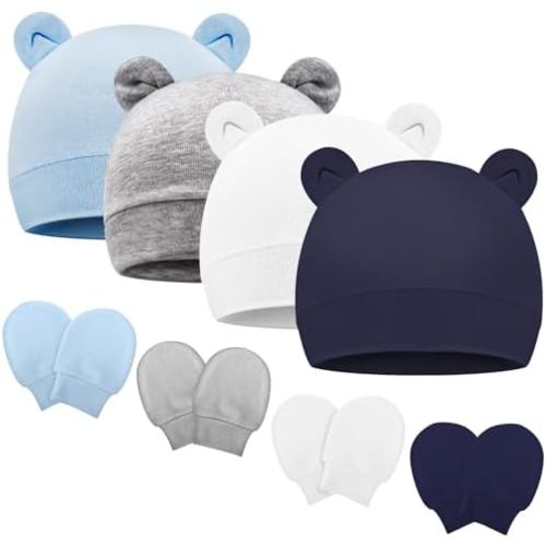 Newborn Baby Hat and Mittens Set, Infant Beanie Caps Newborn Essentials Must Haves for Baby Boy Girl 0-6 Months