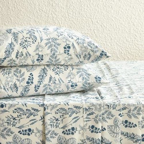 Wake In Cloud - Botanical Bed Sheets, 4-Piece Sheet Set, Floral Shabby Chic Leaves Pattern Printed Coquette Vintage Aesthetic Bedding, Deep Pocket, Ivory Blue, King Size