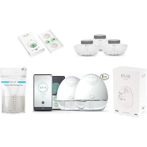 Elvie Complete Pumping Kit - Breast Pump - Double, Breast Shields (2 Pack), Breast Pump Valve and Spout Kit (2 Pack), Breastmilk Storage Bottles (3 Pack) and Breastmilk Storage Bags (100 Pack)