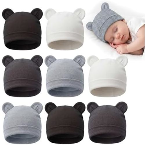 8 Pack Baby Newborn Hats Bear Ears Baby Infant Preemie Beanie Hats Soft Cap for Infant Baby Girls Boys, 0-3 Months