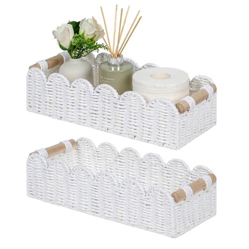CubesLand Scalloped Edge Decor Basket for Living Room, Home, Bathroom, 2SAME SIZE Paper Rope Basket, Toilet Storage Baskets for Over Toilet Storage Shelf, Cozy Woven Baskets Both Storage&Decor, White
