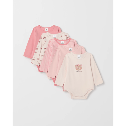 Baby Organic Cotton 5 Pack Print Bodysuit - Bow Bear Pastel